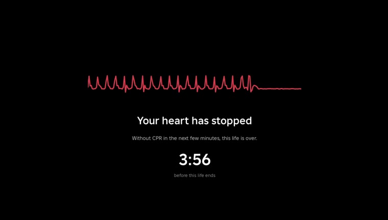 Vital cardiac arrest screen with a flatlining heart trace, the line Your heart has stopped and a 3:56 countdown